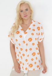 Biało-Pomarańczowa Bluzka w Rustykalnym Stylu w Kwiaty Aldora. Białe bluzki damskie Born2be, bez wzorów, z materiału, bez kołnierzyka, bez ramiączek. Za 44.99 zł.