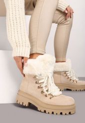 Beżowe Traperki na Tłoczonej Podeszwie Ozdobione Futerkiem Taiva. Brązowe trapery damskie Born2be, z jeansu, bez zapięcia. Za 129.99 zł.