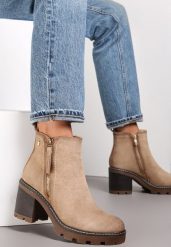 Beżowe Botki na Słupku Boho z Suwakiem Kodra. Brązowe botki damskie Renee, bez wzorów, boho, za kostkę, bez obcasa, na obcasie, bez zapięcia. Za 149.99 zł.