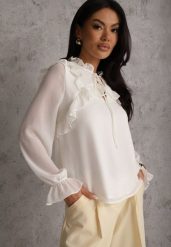 Biała Bluzka w Stylu Coquette z Falbankami i Wiązaniem przy Szyi Seathrina. Białe bluzki damskie Renee, l, bez wzorów, z jeansu, bez kołnierzyka, bez ramiączek. Za 109.99 zł.