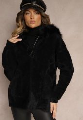 Czarna Bluza z Wełną z Kapturem i Kieszeniami Ozdobiona Futerkiem Siliti. Czarne bluzy damskie Renee, na zimę, l, bez wzorów, z jeansu, eleganckie, bez ramiączek, z kapturem. Za 159.99 zł.