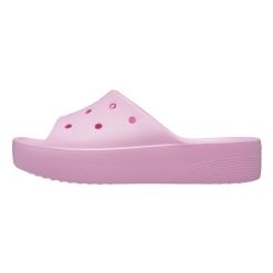Klapki Dla Dorosłych Crocs Classic Platform Slide. Czerwone klapki damskie Crocs, bez wzorów, z materiału, bez obcasa, bez zapięcia. Za 139.99 zł.
