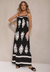Czarna Rozkloszowana Sukienka na Ramiączkach w Ornamentalny Print Reveleine. Czarne sukienki damskie Renee, na co dzień, l, z aplikacjami, bez kołnierzyka, bez ramiączek, maxi, dopasowane. Za 49.99 zł.