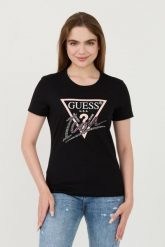 GUESS Czarny t-shirt Icon Tee. Czarne t-shirty damskie Guess, s, z aplikacjami, bez kołnierzyka, bez ramiączek. W wyprzedaży za 215.99 zł.