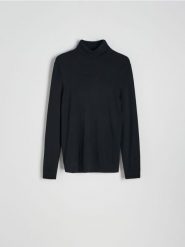 Golf z wiskozą - czarny. Czarne swetry męskie Reserved, l, bez wzorów, z dzianiny, bez kołnierzyka, bez ramiączek. W wyprzedaży za 49.99 zł.