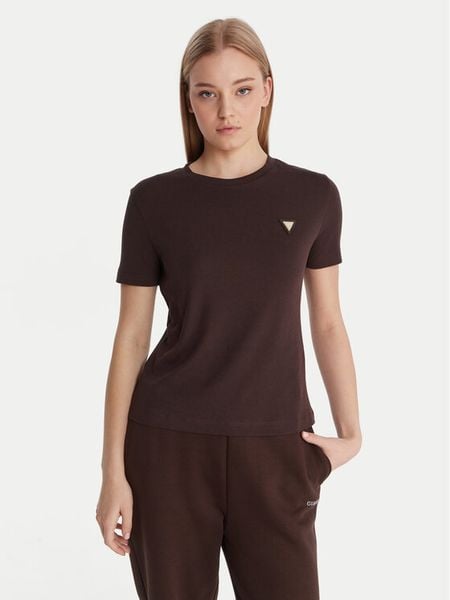 Guess T-Shirt V6RI17 KD741 Brązowy Regular Fit. Brązowe t-shirty damskie Guess, xl, z aplikacjami, z bawełny, bez kołnierzyka, bez ramiączek. Za 179.99 zł.