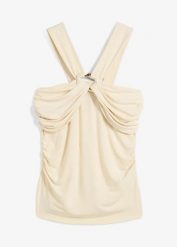 Top z dekoltem typu halter z ozdobną klamrą. Brązowe topy damskie bonprix, bez wzorów, eleganckie, bez kołnierzyka, bez ramiączek. Za 27.99 zł.