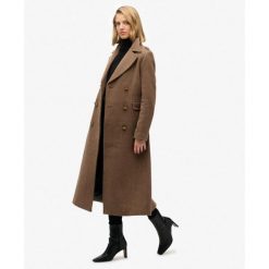 Płaszcz z Mieszanki Wełny z Podwójnym Rzędem Guzików. Brązowe płaszcze damskie Superdry, bez wzorów, z wełny, eleganckie, bez kołnierzyka, bez kaptura. W wyprzedaży za 911.85 zł.