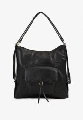 Czarna Torebka Typu Shopper z Regulowaną Rączką i Ozodbną Kieszonką z Klamerką Erilie. Czarne shopperki damskie Renee, bez wzorów, z materiału, bez dodatków. Za 79.99 zł.