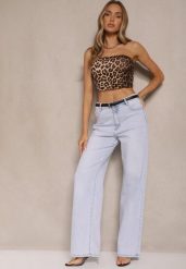 Jasnoniebieskie Jeansy z Bawełny High Waist o Szerokim Kroju Tunissa. Niebieskie jeansy damskie Renee, bez wzorów, z bawełny, eleganckie, z podwyższonym stanem. Za 119.99 zł.