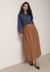 Brązowa Wiskozowa Spódnica o Rozkloszowanym Kroju z Rozcięciem i Paskiem Jaelia. Brązowe spódnice damskie Born2be, do pracy, l, bez wzorów, z wiskozy, biznesowe, maxi, koszulowe. Za 119.99 zł.