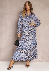 Granatowo-Niebieska Rozkloszowana Sukienka Koszulowa w Fantazyjny Print Alendia. Niebieskie sukienki damskie Renee, l, bez wzorów, bez kołnierzyka, bez ramiączek, maxi, koszulowe. Za 139.99 zł.