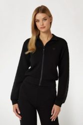 GUESS Czarna bluza damska z lampasami New Allie Scuba. Czarne bluzy damskie Guess, m, z aplikacjami, z materiału, bez ramiączek, bez kaptura. W wyprzedaży za 217.99 zł.