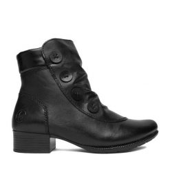 Botki Rieker. Czarne botki damskie Rieker, bez wzorów, bez obcasa, na słupku, bez zapięcia. Za 289.99 zł.