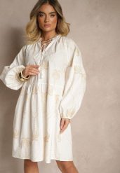 Biała Sukienka z Bawełny Ozdobiona Wiązaniem i Wzorem w Palmy Evialissae. Białe sukienki damskie Renee, na co dzień, na lato, l, bez wzorów, z bawełny, eleganckie, bez kołnierzyka, bez ramiączek, midi, proste. Za 159.99 zł.