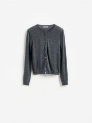 Kardigan z wełną - ciemnoszary. Szare kardigany damskie Reserved, l, bez wzorów, z wełny, bez kołnierzyka. Za 129.99 zł.