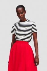 KARL LAGERFELD Czarno-biały t-shirt damski Ikon Stripe Boxy. Czarne t-shirty damskie KARL LAGERFELD, s, bez wzorów, z materiału, klasyczne, bez kołnierzyka, bez ramiączek. W wyprzedaży za 309.99 zł.