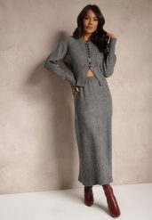 Ciemnoszary Komplet z Dzianiny z Wełną Kardigan z Guzikami i Spódnica z Gumką w Talii Melzina. Szare kardigany damskie Renee, bez wzorów, z dzianiny, eleganckie, bez kołnierzyka. Za 149.99 zł.