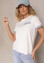 Biała Bawełniana Bluzka T-shirt Oversize z Ozdobnym Wykończeniem Mirnil. Białe bluzki damskie Renee, l, bez wzorów, z bawełny, klasyczne, bez kołnierzyka, bez ramiączek. Za 34.99 zł.
