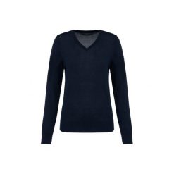 Damski sweter z merynosów z dekoltem v-neck Kariban Premium. Niebieskie swetry nierozpinane damskie KARIBAN, na zimę, bez wzorów, z wełny, eleganckie, bez kołnierzyka, bez ramiączek. W wyprzedaży za 268.00 zł.