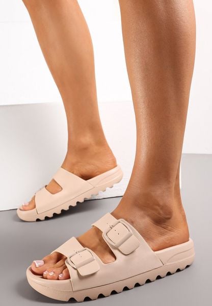 Beżowe Klapki na Grubej Podeszwie z Paskami Eemane. Brązowe klapki damskie Renee, bez wzorów, bez obcasa, na płaskiej podeszwie, bez zapięcia. Za 59.99 zł.