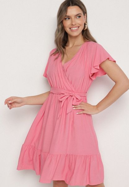 Różowa Wiskozowa Sukienka z Kopertowym Dekoltem i Paskiem Aurenelle. Czerwone sukienki damskie Born2be, na co dzień, na lato, l, bez wzorów, z jeansu, bez kołnierzyka, bez ramiączek, mini, kopertowe. Za 59.99 zł.