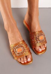 Pomarańczowe Klapki z Imitacji Skóry z Paskiem Ozdobionym Kamieniami Allmina. Brązowe klapki damskie Renee, na lato, bez wzorów, ze skóry, eleganckie, z otwartym noskiem, bez obcasa, na obcasie, bez zapięcia. W wyprzedaży za 67.49 zł.