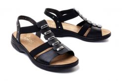 RIEKER 64580-00 black, sandały damskie. Czarne sandały damskie Rieker, bez wzorów, bez obcasa, bez zapięcia. Za 255.92 zł.