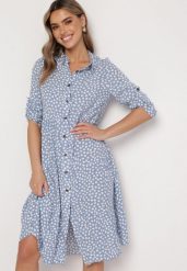 Jasnoniebieska Rozkloszowana Sukienka Koszulowa Midi Maijane. Niebieskie sukienki damskie Born2be, xl, bez wzorów, bez kołnierzyka, bez ramiączek, midi, koszulowe. Za 69.99 zł.