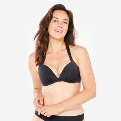 Góra kostiumu kąpielowego surfingowego damska Olaian Elena. Czarne bikini OLAIAN, bez wzorów, z elastanu. Za 79.99 zł.