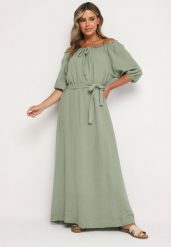Ciemnozielona Trapezowa Muślinowa Sukienka z Bawełny z Paskiem i Gumką w Talii Vimarinn. Zielone sukienki damskie Born2be, na co dzień, bez wzorów, z bawełny, bez kołnierzyka, bez ramiączek, maxi, proste. Za 149.99 zł.