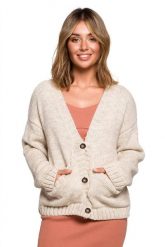 Krótki sweter rozpinany z wełną zapinany na guziki beżowy. Brązowe kardigany damskie Polskie swetry, na jesień, l, bez wzorów, z nylonu, eleganckie, bez kołnierzyka. Za 259.00 zł.