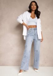 Niebieskie Szerokie Jeansy High Waist Zdobione Wzorem w Kwiaty Firedis. Niebieskie jeansy damskie Renee, na lato, z aplikacjami, z jeansu, eleganckie, z podwyższonym stanem. Za 109.99 zł.