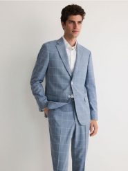 Marynarka slim fit w kratę - niebieski. Niebieskie garnitury męskie Reserved, bez wzorów, z tkaniny. W wyprzedaży za 229.99 zł.