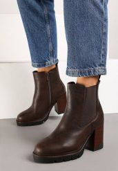 Brązowe Botki Sztyblety na Słupku Ozdobione Elastyczną Wstawką Rearia. Brązowe botki damskie Renee, na jesień, bez wzorów, z jeansu, eleganckie, bez obcasa, na obcasie, bez zapięcia. Za 149.99 zł.