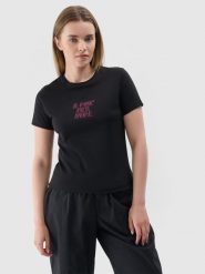 4F T-shirt slim z nadrukiem damski - czarny M. Czarne t-shirty damskie 4F, m, bez wzorów, z dzianiny, klasyczne, bez kołnierzyka, bez ramiączek. Za 29.99 zł.