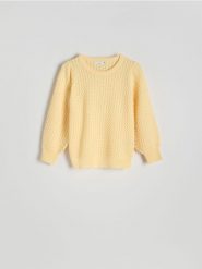 Strukturalny sweter z wiskozą - jasnożółty. Żółte swetry nierozpinane damskie Reserved, l, bez wzorów, z dzianiny, bez kołnierzyka, bez ramiączek. W wyprzedaży za 79.99 zł.