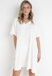Biała Sukienka o Fasonie Nietoperza z Wiązaniem na Plecach Miken. Białe sukienki damskie Born2be, bez wzorów, bez kołnierzyka, bez ramiączek, mini. Za 59.99 zł.