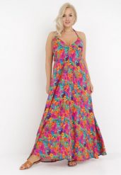 Fuksjowa Sukienka Artasia. Czerwone sukienki damskie Born2be, na lato, l, z aplikacjami, boho, bez kołnierzyka, bez ramiączek, maxi, rozkloszowane. Za 89.99 zł.