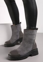 Szare Botki na Grubej Podeszwie z Lakierowanymi Wstawkami Triestia. Szare botki damskie Renee, bez wzorów, bez obcasa, na płaskiej podeszwie, bez zapięcia. Za 69.99 zł.
