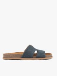 Granatowe klapki. Niebieskie klapki damskie Ryłko, bez wzorów, ze skóry, eleganckie, bez obcasa, na płaskiej podeszwie, bez zapięcia. Za 349.99 zł.