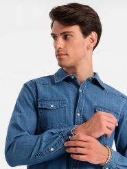 Koszula męska jeansowa na zatrzaski z kieszonkami - niebieska V2 - Rozmiar: S. Niebieskie koszule męskie Ombre Clothing, l, bez wzorów, z bawełny, bez kołnierzyka, bez ramiączek. Za 169.99 zł.