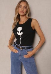 Czarny Top z Bawełny Ozdobiony Kwiatami 3D i Cyrkoniami Aluvella. Czarne topy damskie Renee, l, z aplikacjami, z bawełny, eleganckie, bez kołnierzyka, bez ramiączek. Za 39.99 zł.