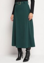 Ciemnozielona Rozkloszowana Spódnica z Wysokim Stanem Ozdobiona Paskiem z Klamrą Lobira. Zielone spódnice damskie Born2be, na co dzień, uniwersalny, bez wzorów, eleganckie, z podwyższonym stanem, maxi, koszulowe. Za 59.99 zł.