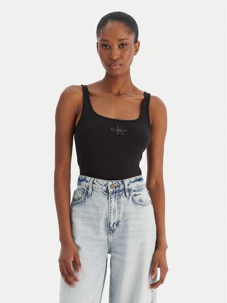 Calvin Klein Jeans Top Monologo Scoop Nk Rib LV047A804G Czarny Slim Fit. Czarne topy damskie Calvin Klein Jeans, s, bez wzorów, z bawełny, bez kołnierzyka, bez ramiączek. Za 129.99 zł.