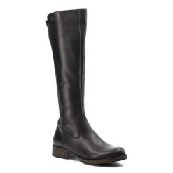 Czarne Kozaki Rieker Modne Obuwie Damskie. Czarne kozaki damskie Rieker, na zimę, bez wzorów, ze skóry, przed kolano, bez obcasa, bez zapięcia. Za 429.00 zł.