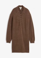 Sukienka dzianinowa z listwą guzikową. Brązowe sukienki damskie bonprix, bez wzorów, z dzianiny, bez kołnierzyka, bez ramiączek. Za 127.99 zł.