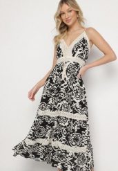 Czarna Bawełniana Sukienka Rozkloszowana w Etniczny Wzór z Koronką Taliosha. Czarne sukienki damskie Born2be, na co dzień, l, z aplikacjami, z bawełny, eleganckie, bez kołnierzyka, bez ramiączek, midi, dopasowane. Za 64.99 zł.