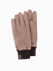 Rękawiczki męskie z ekozamszu ze ściągaczem – brązowe V2 OM-ACGL-0112 - one size. Brązowe rękawiczki męskie Ombre Clothing, z aplikacjami, z elastanu. Za 41.99 zł.