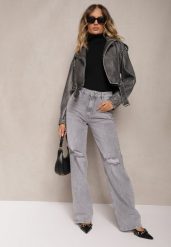 Szare Jeansy z Bawełny High Waist z Szerokimi Nogawkami i Dziurami Naviseo. Szare jeansy damskie Renee, bez wzorów, z bawełny, eleganckie, z podwyższonym stanem. Za 119.99 zł.